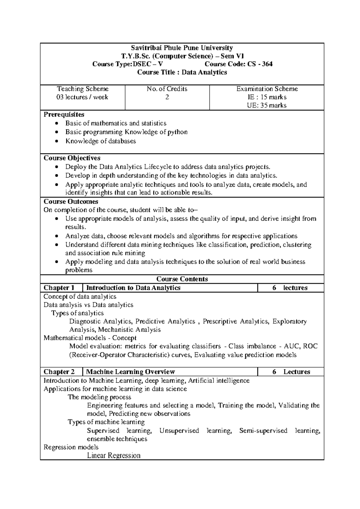 CS-364 Data Analytics Syllabus for T.Y.B. (CS) Sem VI Students - Studocu