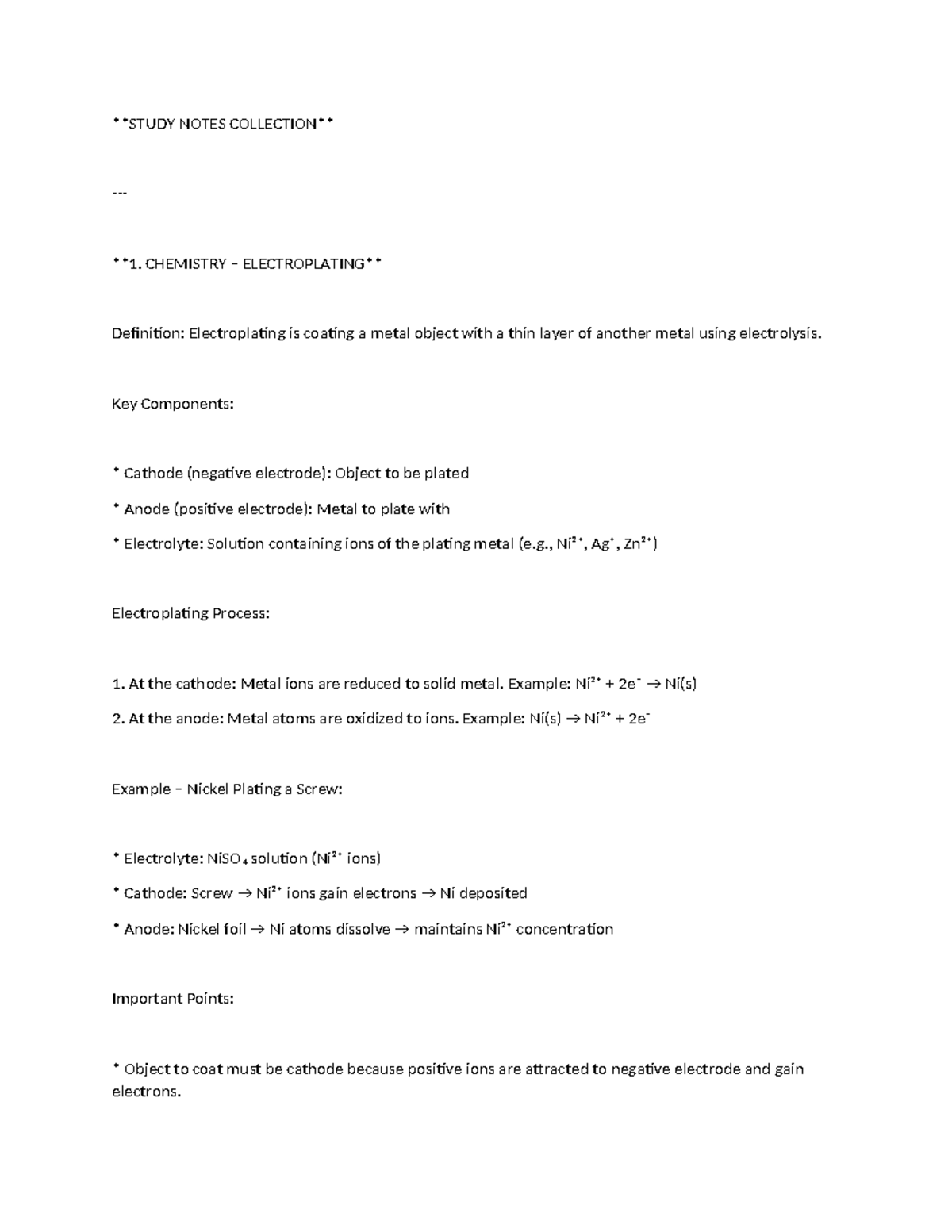 CHEM 101: Study Notes on Electroplating Process and Key Concepts - Studocu