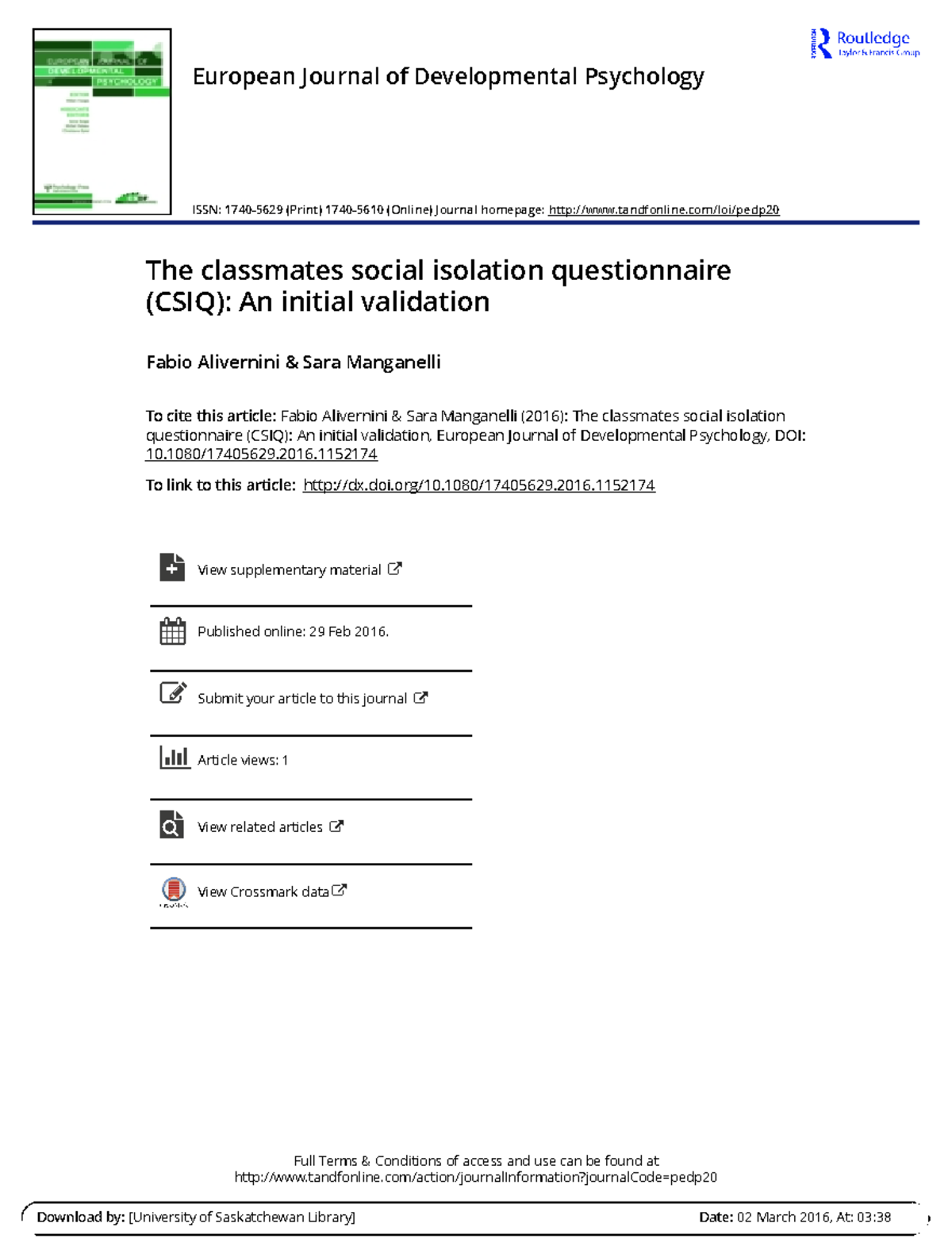 Classmates Social Isolation Questionnaire (CSIQ): Initial Validation ...