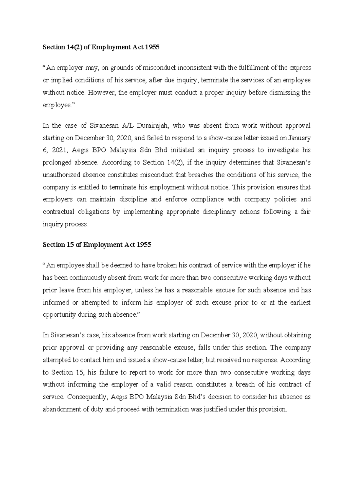 Analysis of Section 14(2) and Section 15 of Employment Act 1955 - Studocu