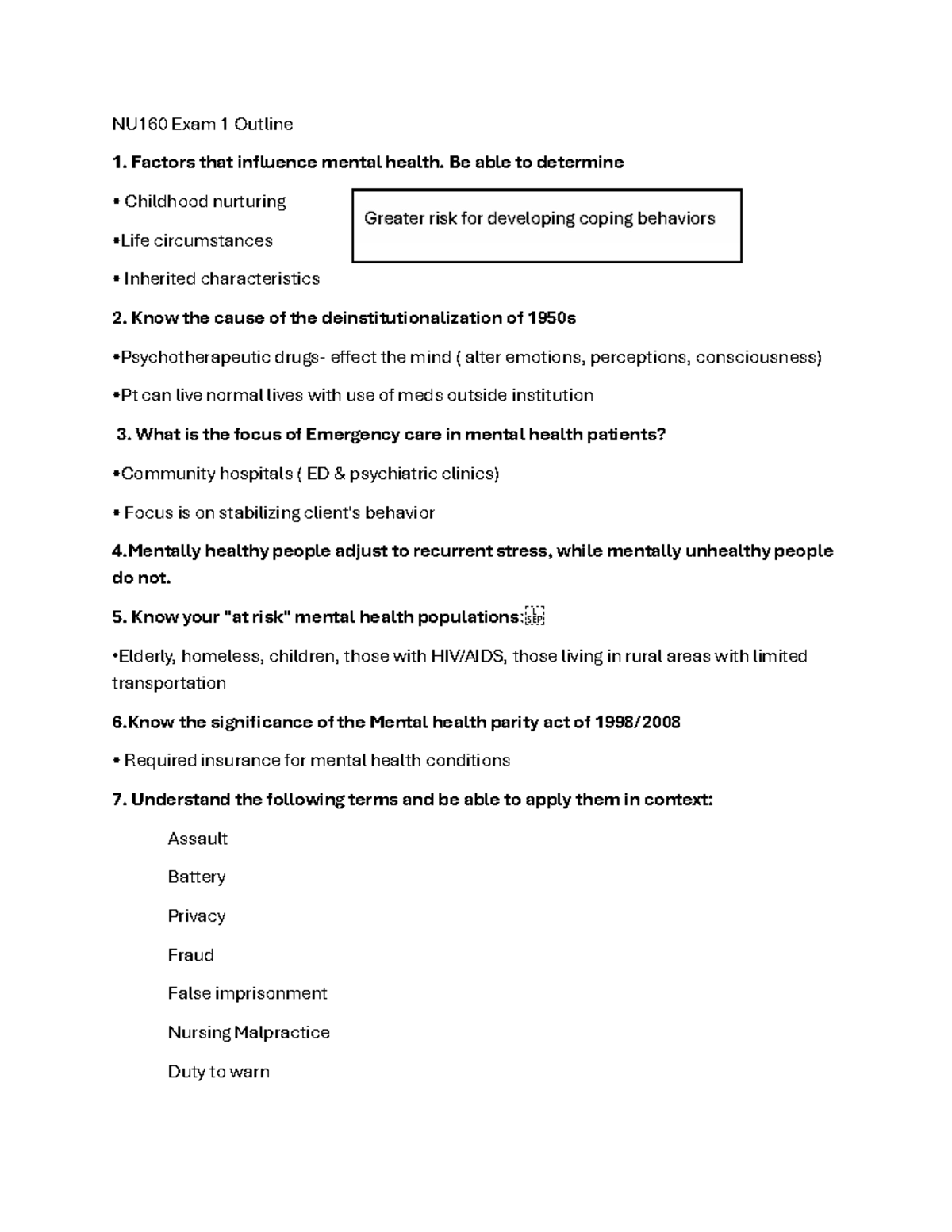 NU160 Mental Health Exam 1 Study Notes and Key Concepts - Studocu