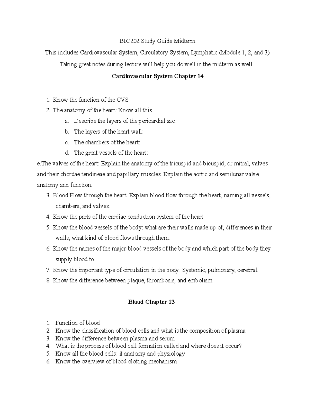 BIO202 Midterm Study Guide: Cardiovascular & Lymphatic Systems - Studocu