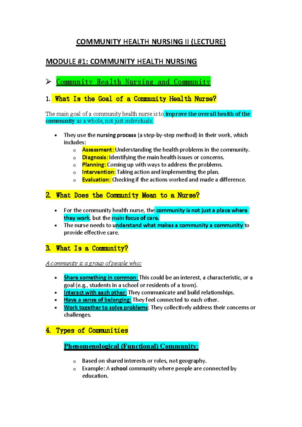CHN 2 Lecture: Community Health Nursing Overview and Key Concepts - Studocu