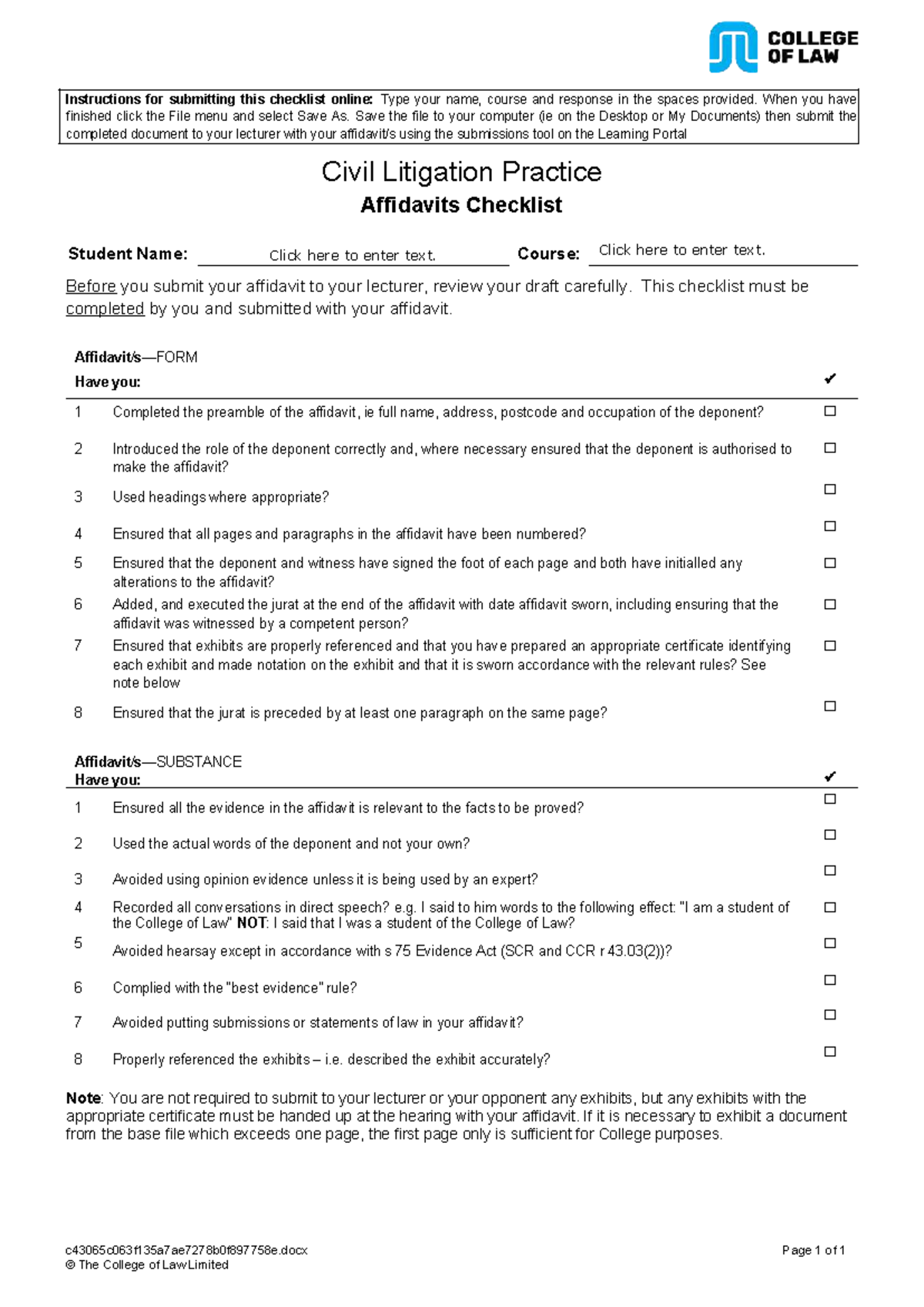 Civil Litigation T2 A1 Affidavits Submission Checklist - Studocu