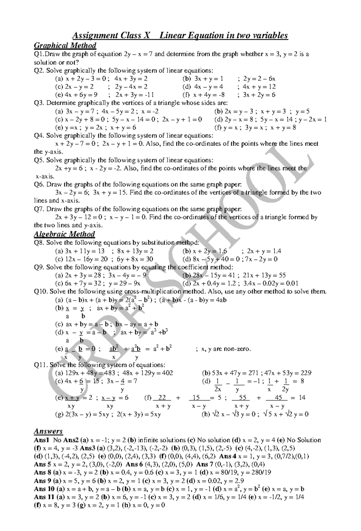 Class X Assignment: Graphical Solutions for Linear Equations - Studocu