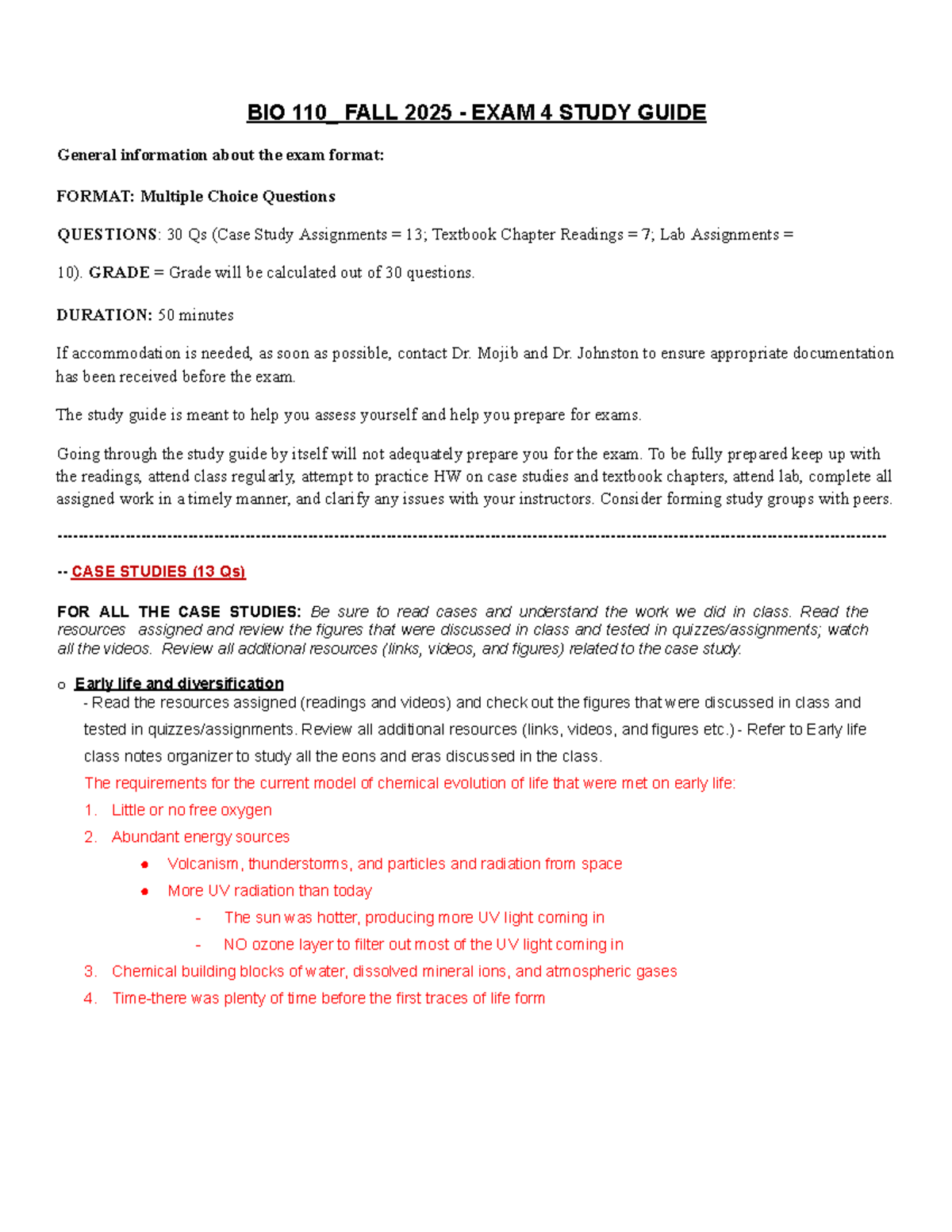 BIO 110 - FALL 2025 - EXAM 4 STUDY GUIDE - Studocu