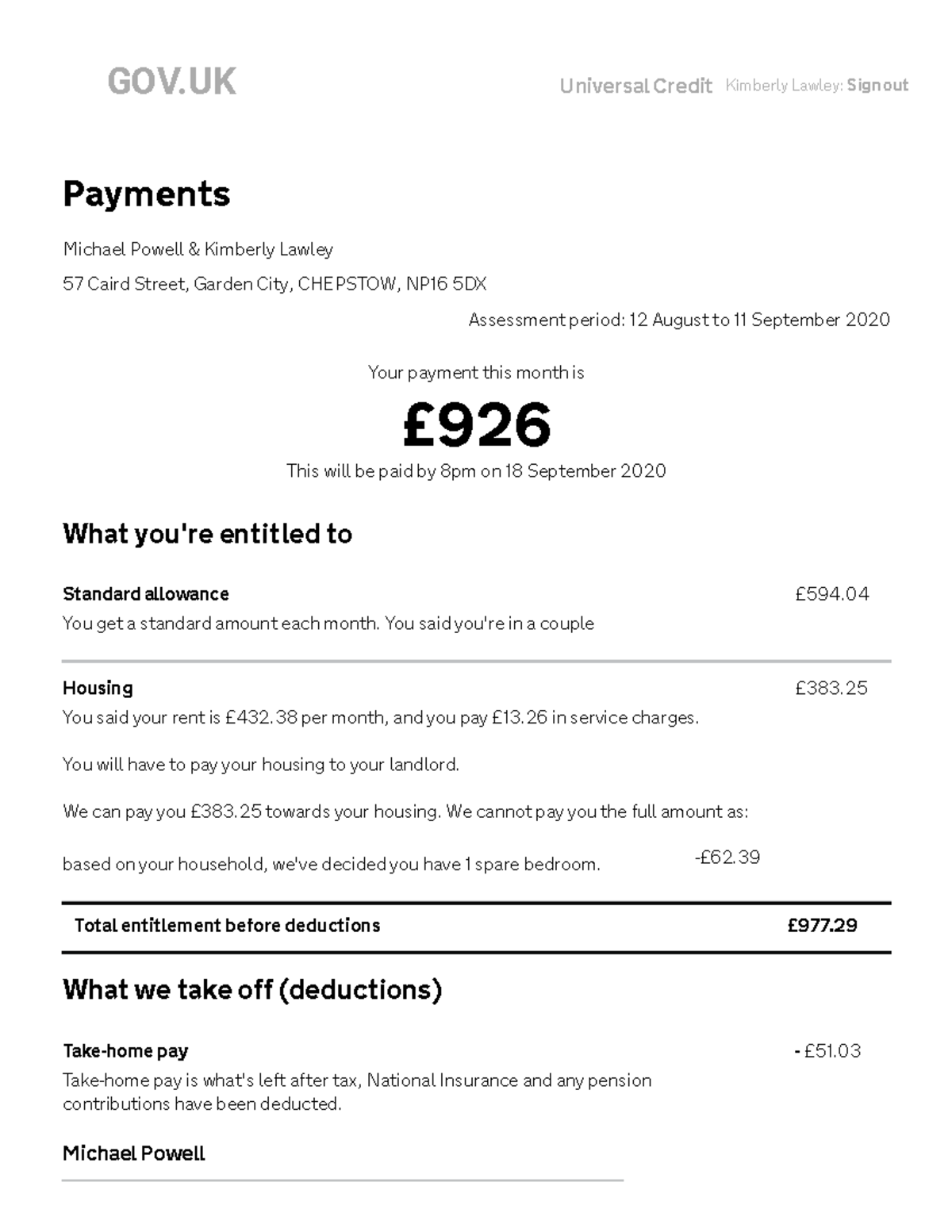 Payments - Universal Credit - Universal Credit Kimberly Lawley: Sign ...