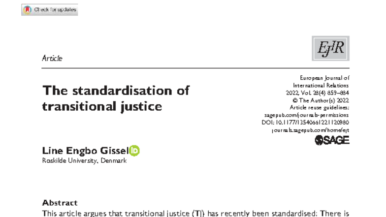 EJIR 1120980: The Standardisation of Transitional Justice in 2022 - Studocu