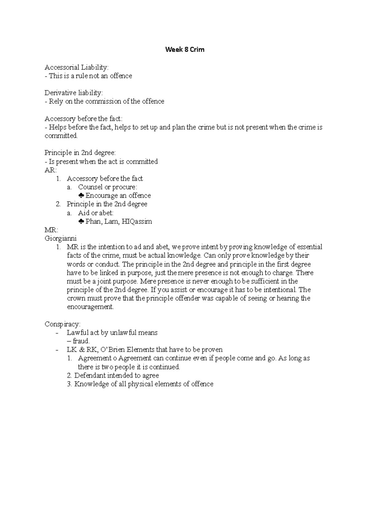 Week 8 Crim - Accessorial Liability and Conspiracy Review Notes - Studocu
