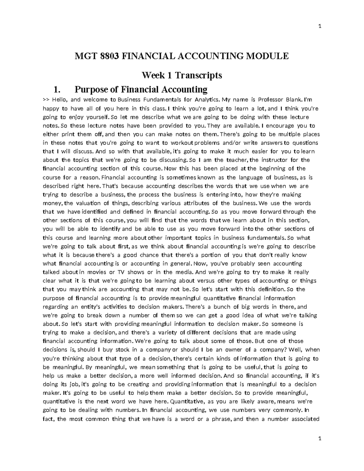 MGT 8803 Financial Accounting Module 1: Week 1 Lecture Notes - Studocu
