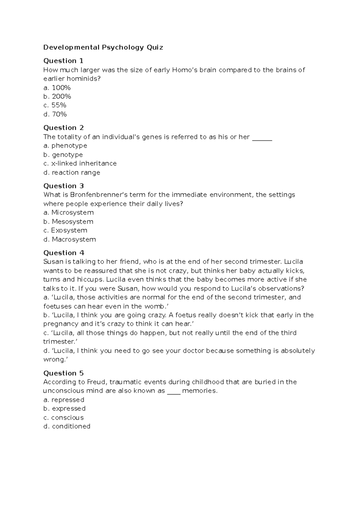 Developmental Psychology Quiz (PSY 101): Comprehensive Questions ...