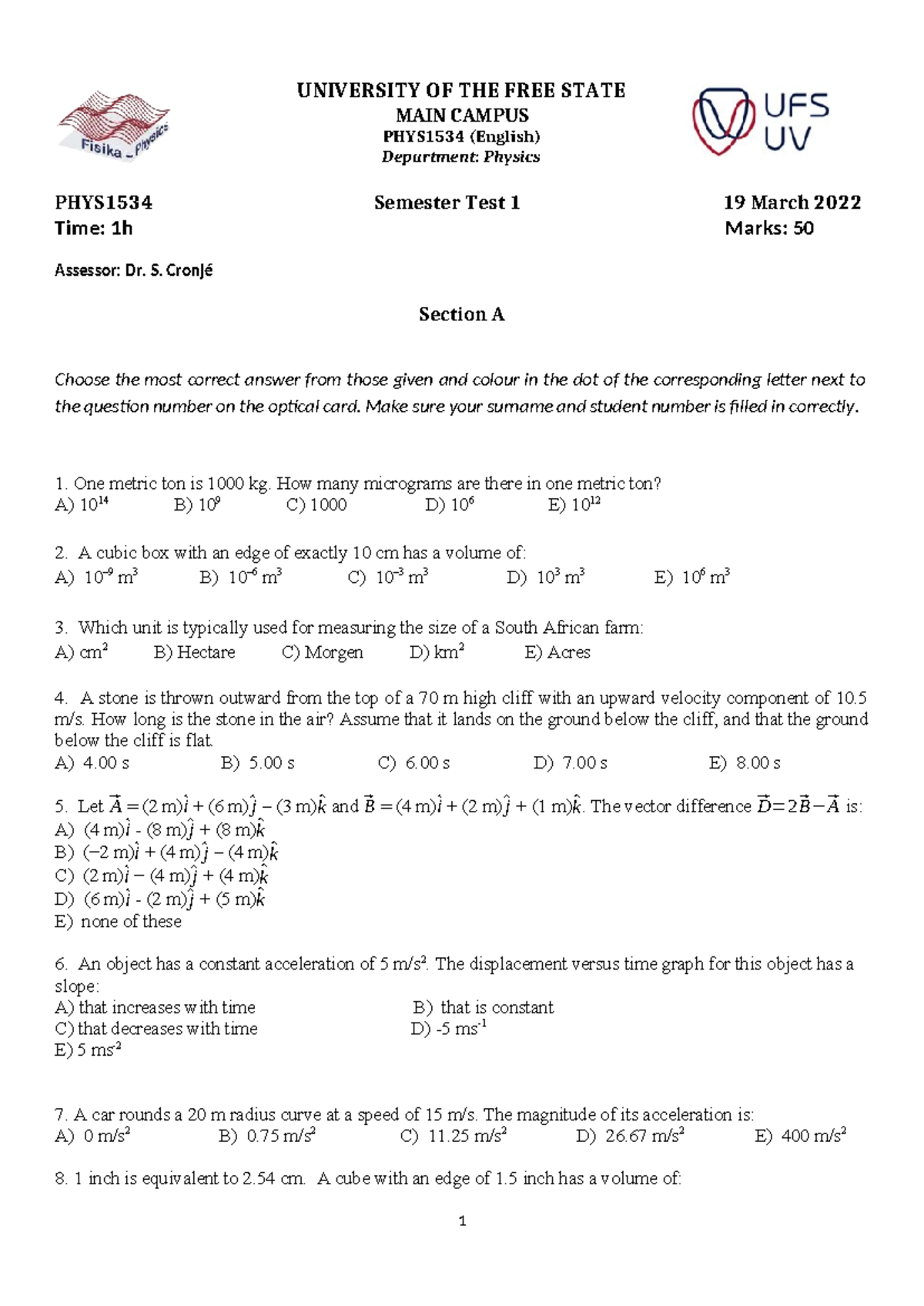 2022 PHYS1534 Sem T1 - Physics Practice Test Sample - Studocu