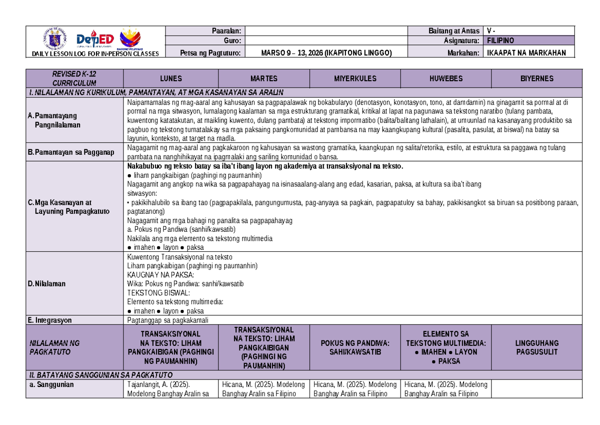G5 Filipino DLL Q4 W7: Daily Lesson Log for March 9-13, 2026 - Studocu