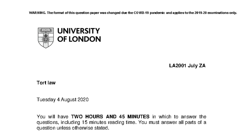Tort Law Exam Paper LA2001 - July 2020 Past Questions - Studocu