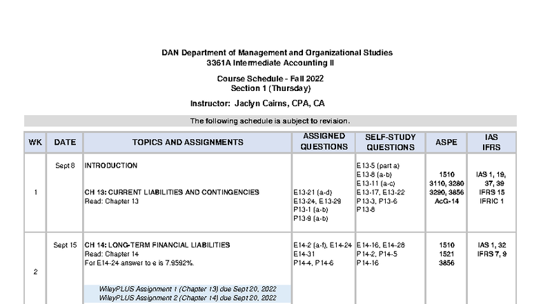 MOS 3361A Intermediate Accounting II Weekly Schedule Fall 2022 - Studocu