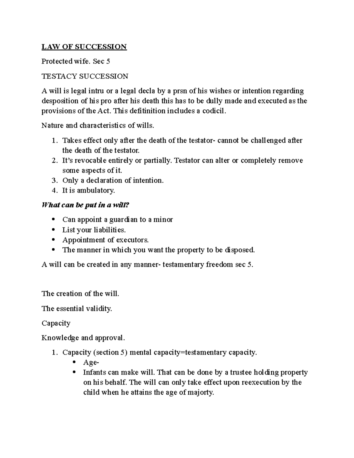 LAW OF Succession - Lecture Notes on Testacy and Wills - Studocu