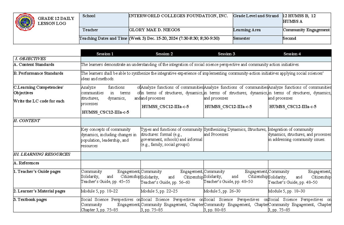 GRADE 12 HUMSS WEEK 3 DAILY LESSON LOG - COMMUNITY ENGAGEMENT - Studocu