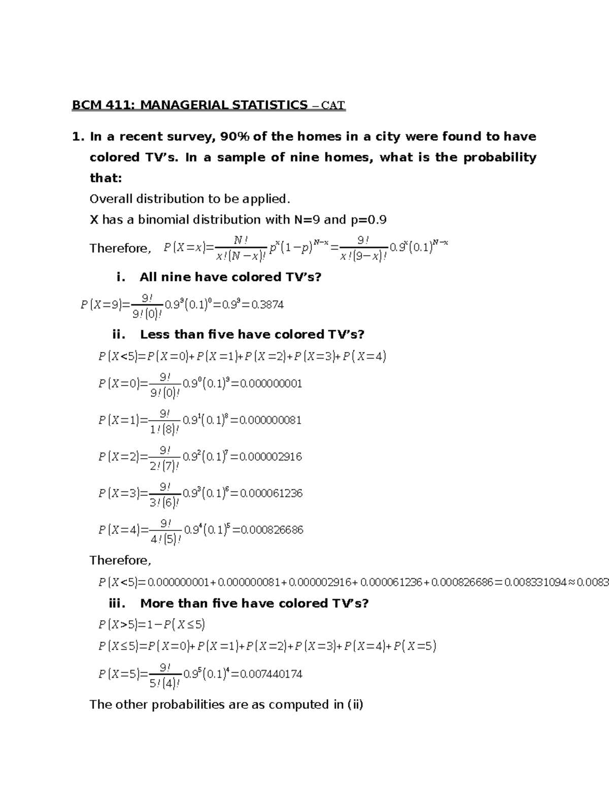 BCM 411: Managerial Statistics - Cat 1 Probability Analysis & Data ...
