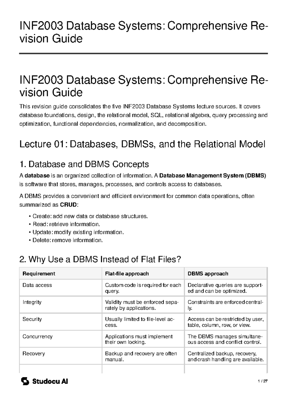 INF2003 Database Systems: Comprehensive Revision Guide - Studocu