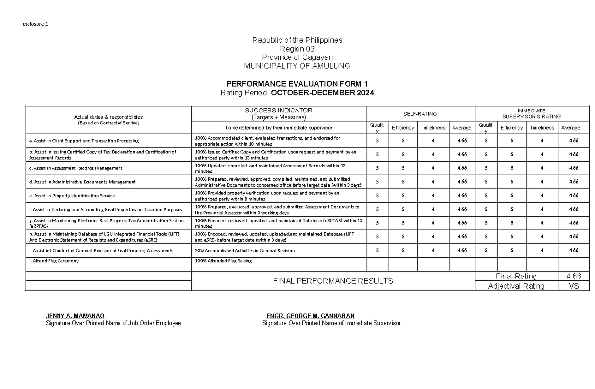 PEF1 - Performance Evaluation Form for Job Order Employees - Studocu