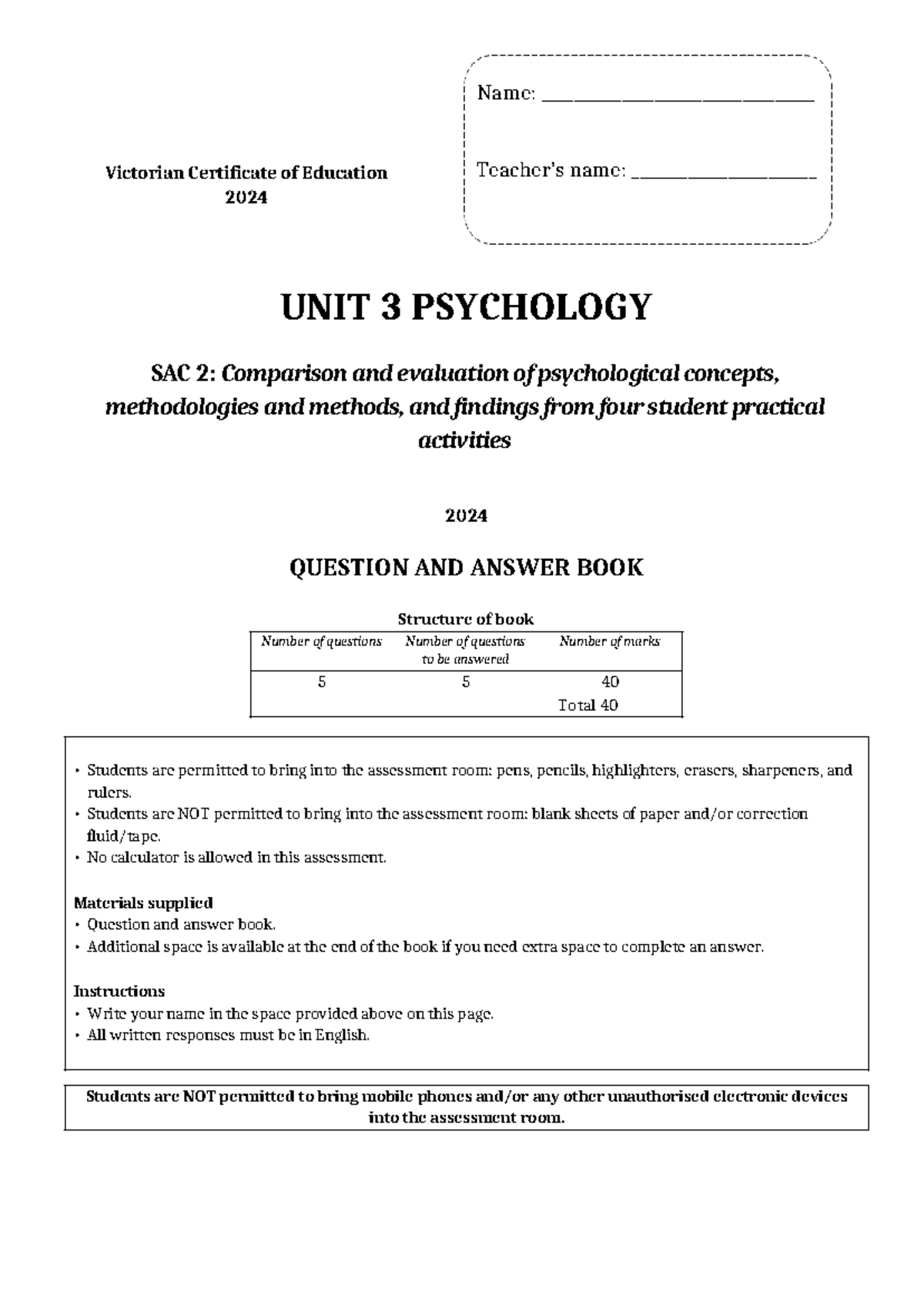 Psychology Unit 3 SAC 2 2024 - Q&A on Practical Activities - Studocu