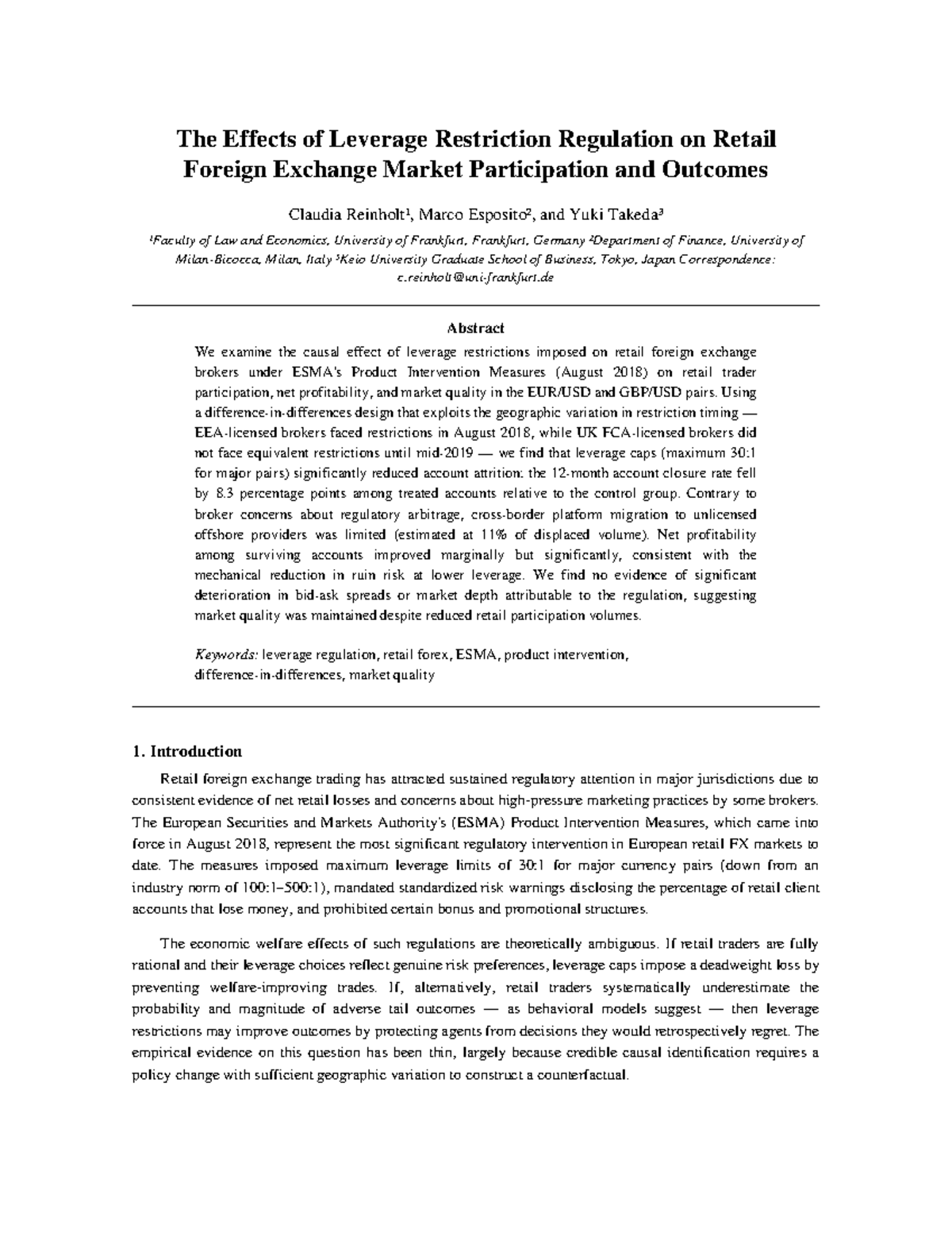 The Impact of Leverage Regulation on Retail FX Market Outcomes (Paper 5 ...