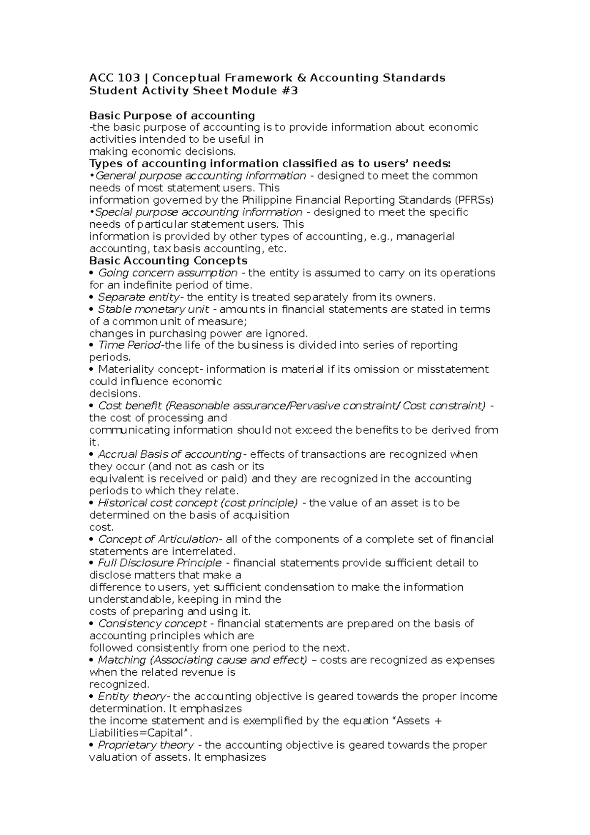 ACC 103 Module 3: Understanding Accounting Concepts & Standards - Studocu