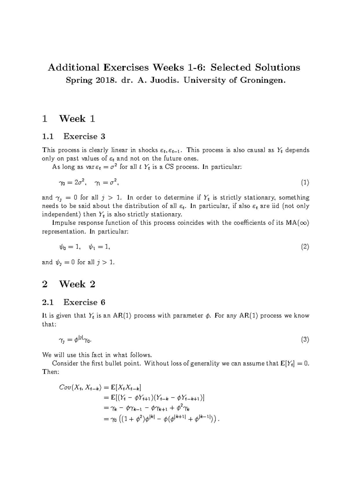 Selected Solutions for Exercises Weeks 1-6 (Spring 2018) - Studeersnel
