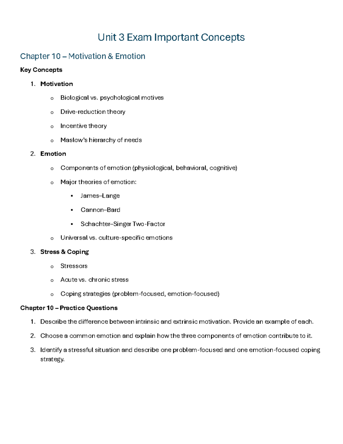 PSY 201 Unit 3 Exam Key Concepts: Motivation, Emotion & Personality ...