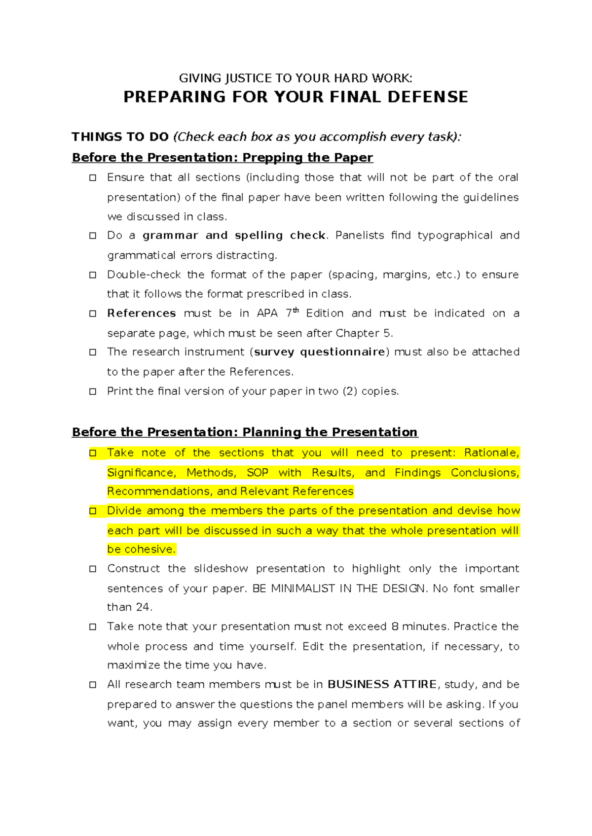 Final Defense Reminders 1 - GIVING JUSTICE TO YOUR HARD WORK: PREPARING ...