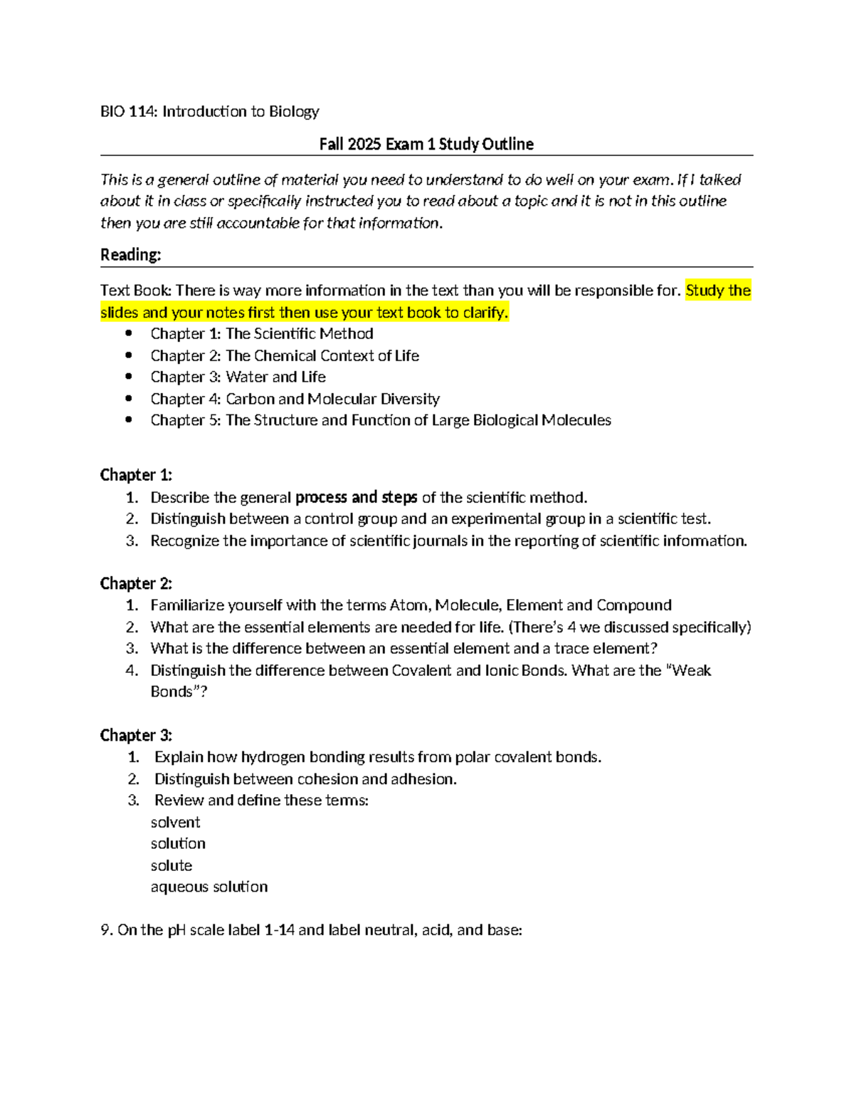 BIO 114: Fall 2025 Exam 1 Study Guide for Intro to Biology - Studocu