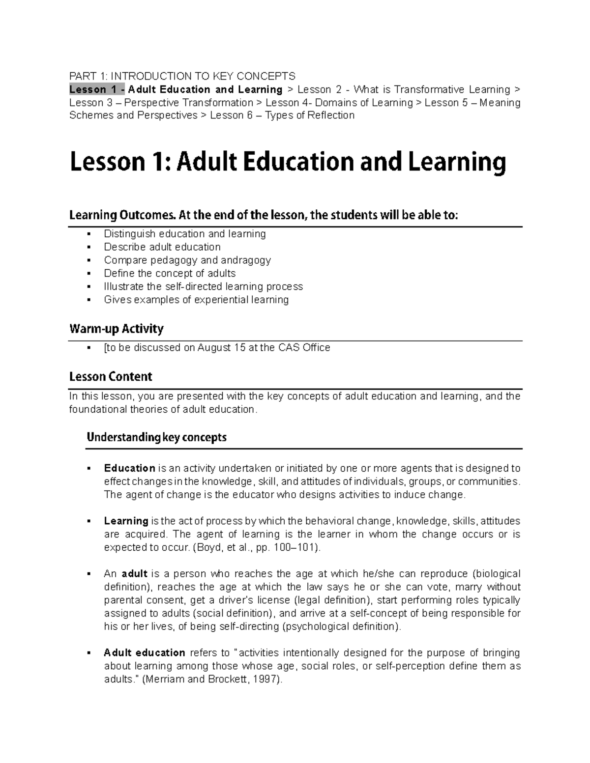 Lesson 1 Introduction to Adult Education - PART 1: INTRODUCTION TO KEY ...