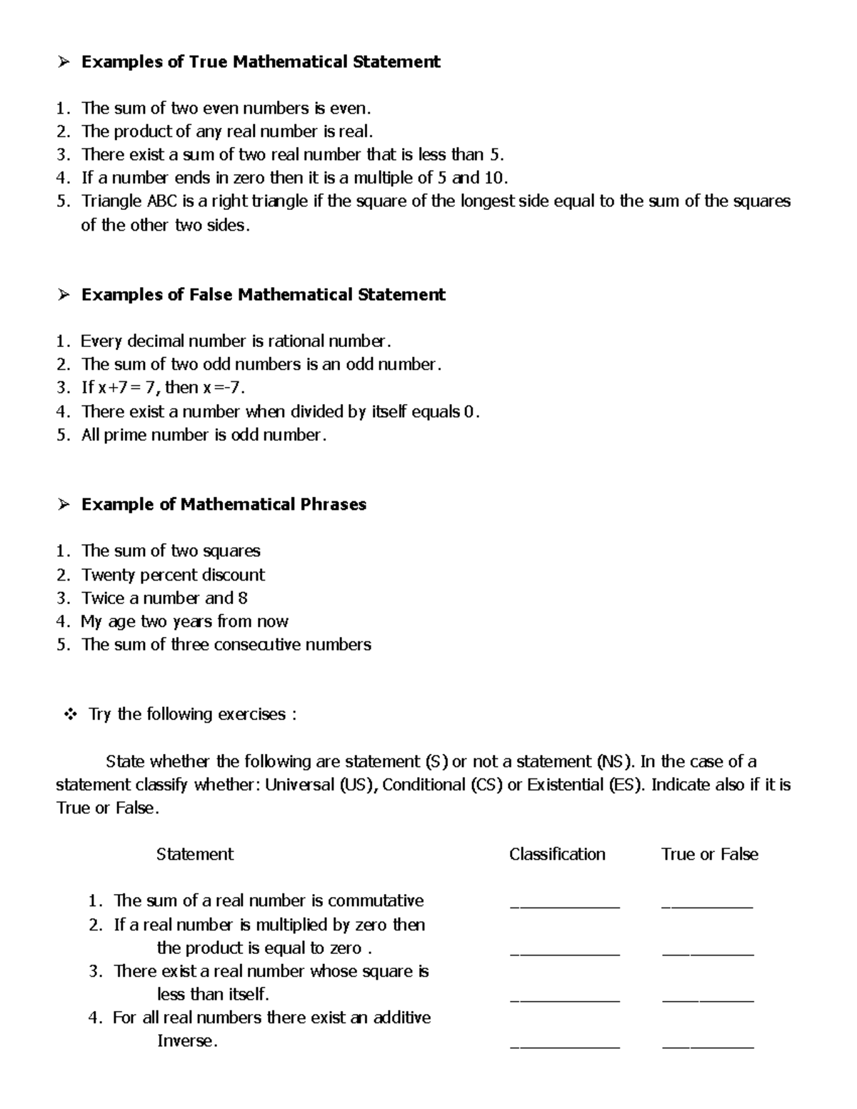 Mathematics Statements and Translations: Exercise Insights MATH 101 ...