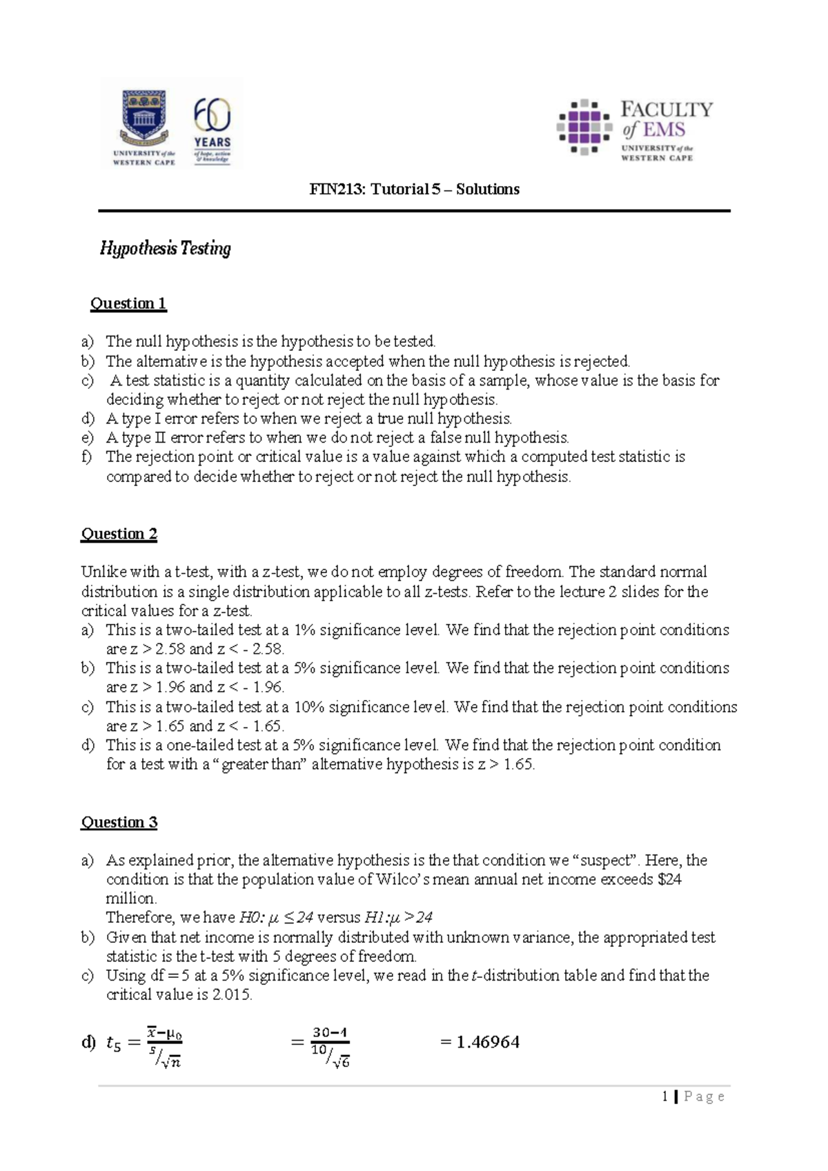 FIN213: Tutorial 6 Hypothesis Testing Solutions Memo - Studocu