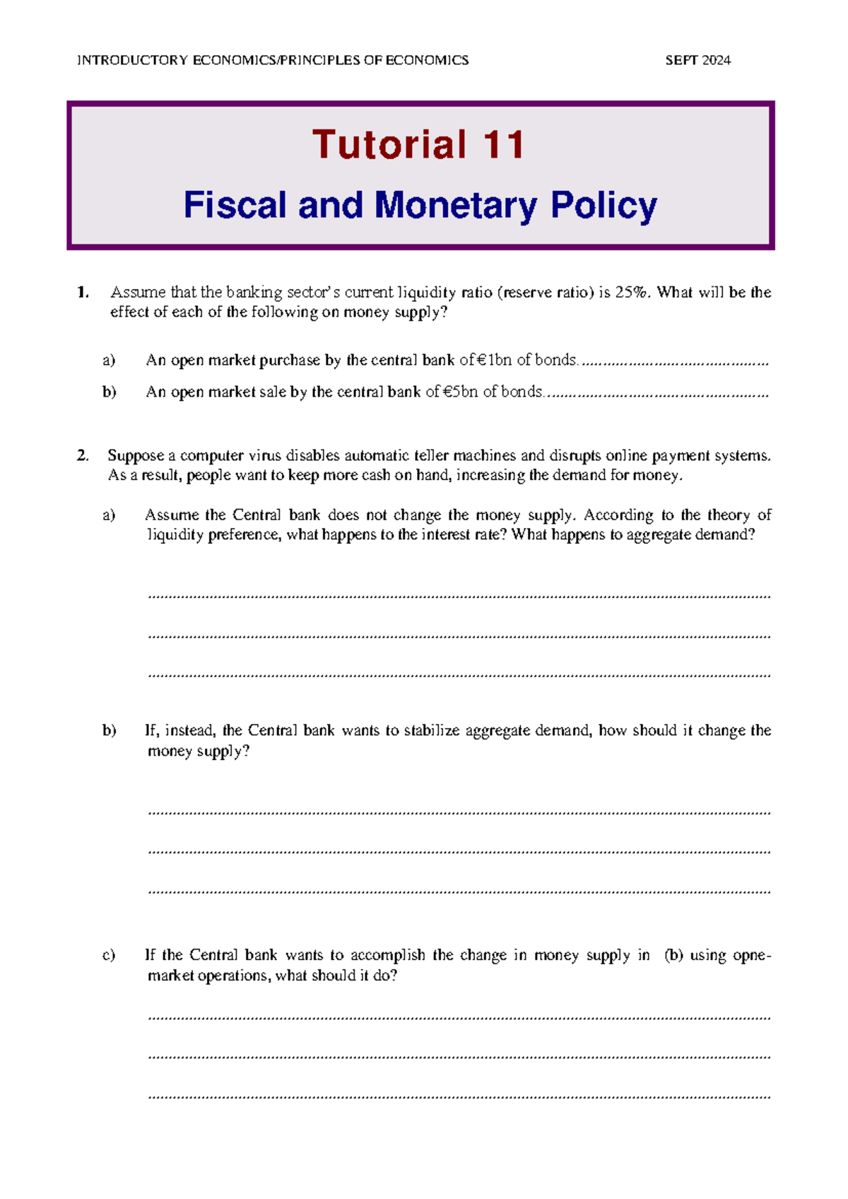 Tutorial 11: Monetary and Fiscal Policy - Introductory Economics Sept ...