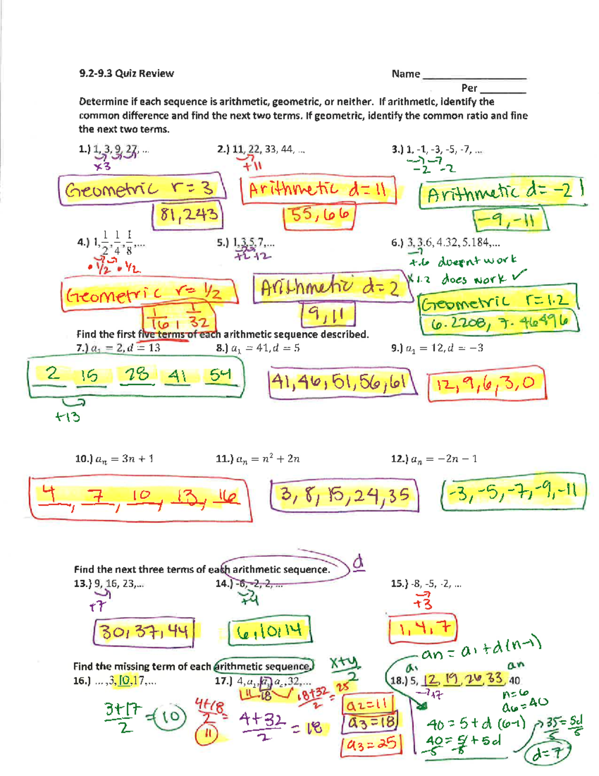 9.2-9.3 Quiz Review Key: Sequences - Arithmetic & Geometric - Studocu