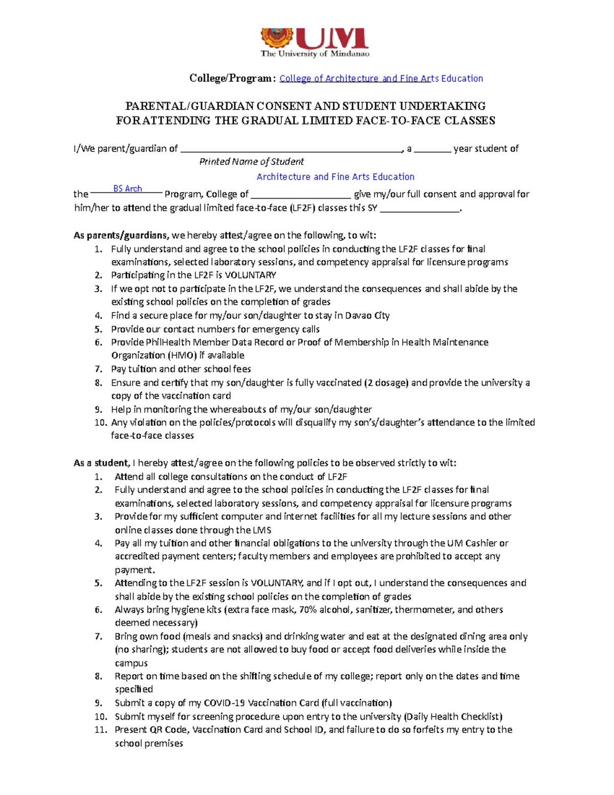 LF2F Parental Consent Student Undertaking BS Arch signed - College ...