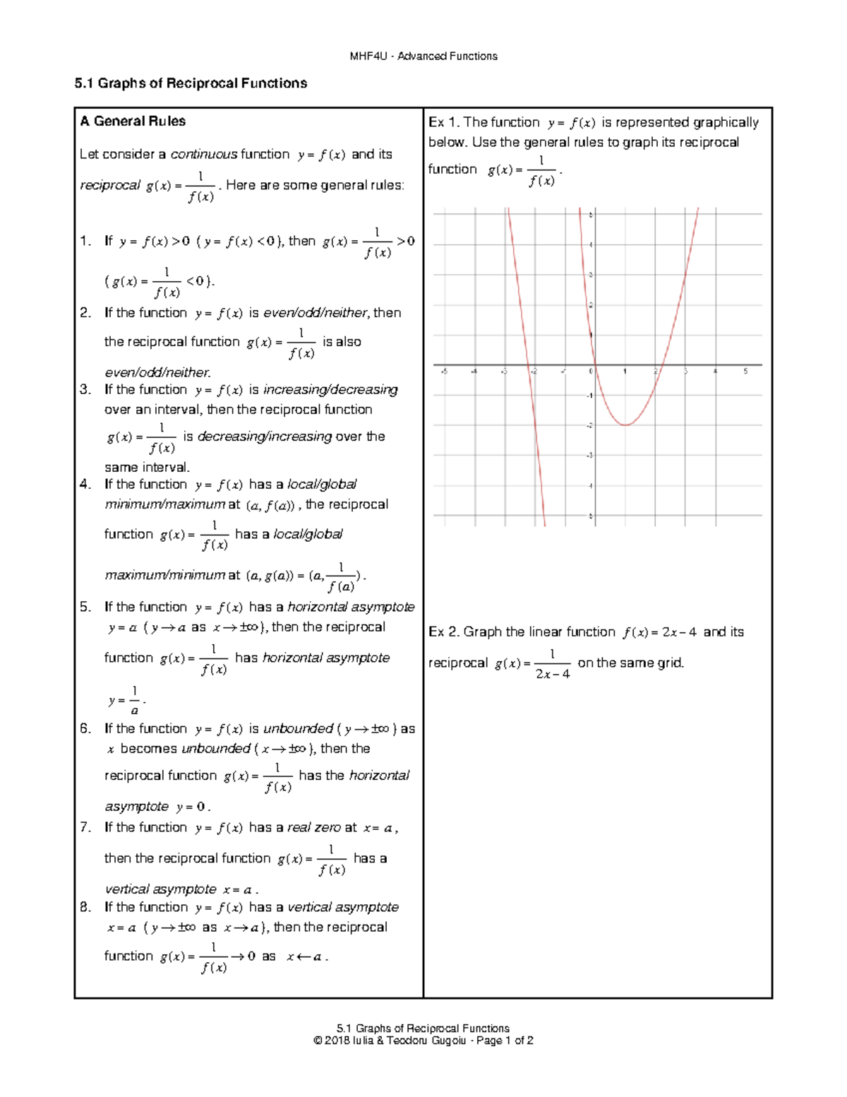 MHF4U Graphs of Reciprocal Functions Practice Notes - Studocu