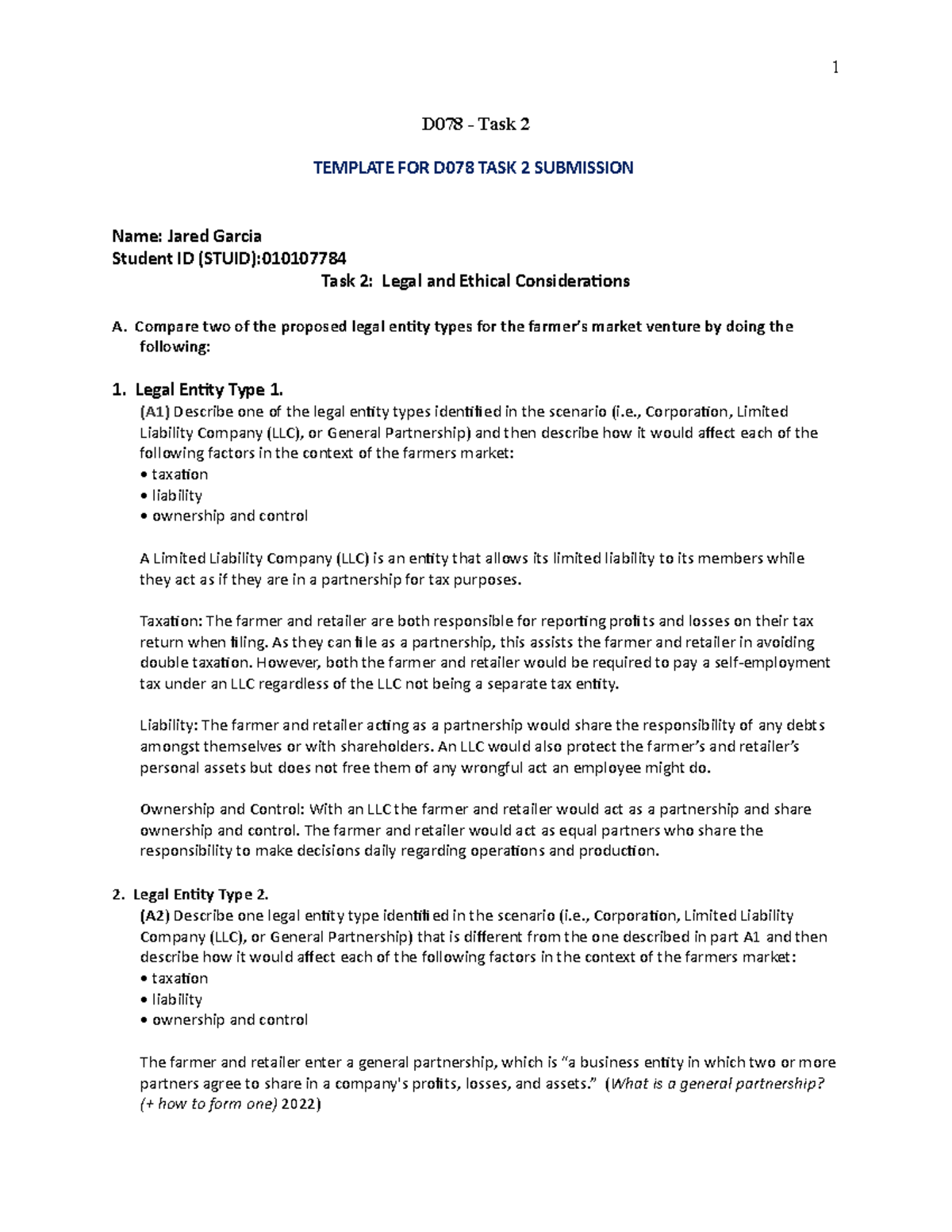 D078 - Task 2 - Legal and Ethical Considerations in Farmers Market ...