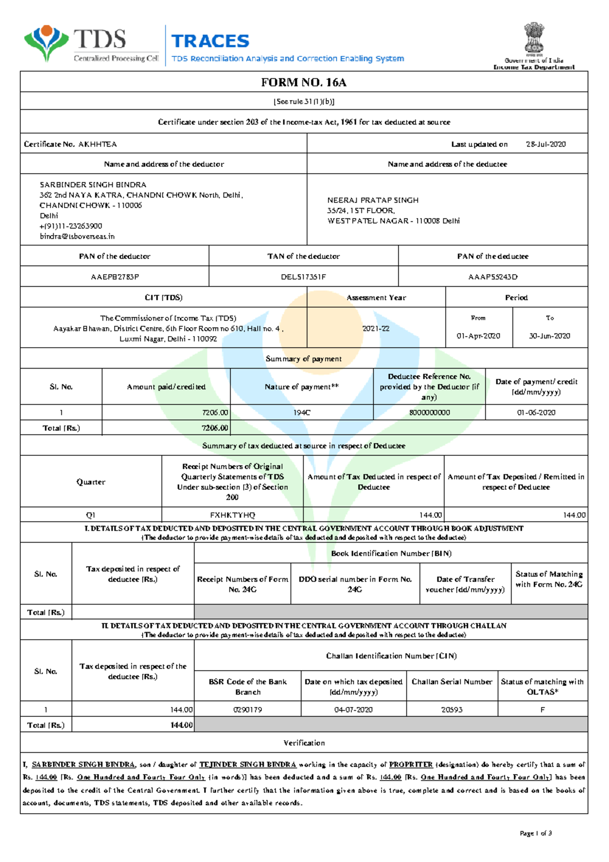 Form 16A TDS Certificate for Assessment Year 2021-22 - Q1 - Studocu