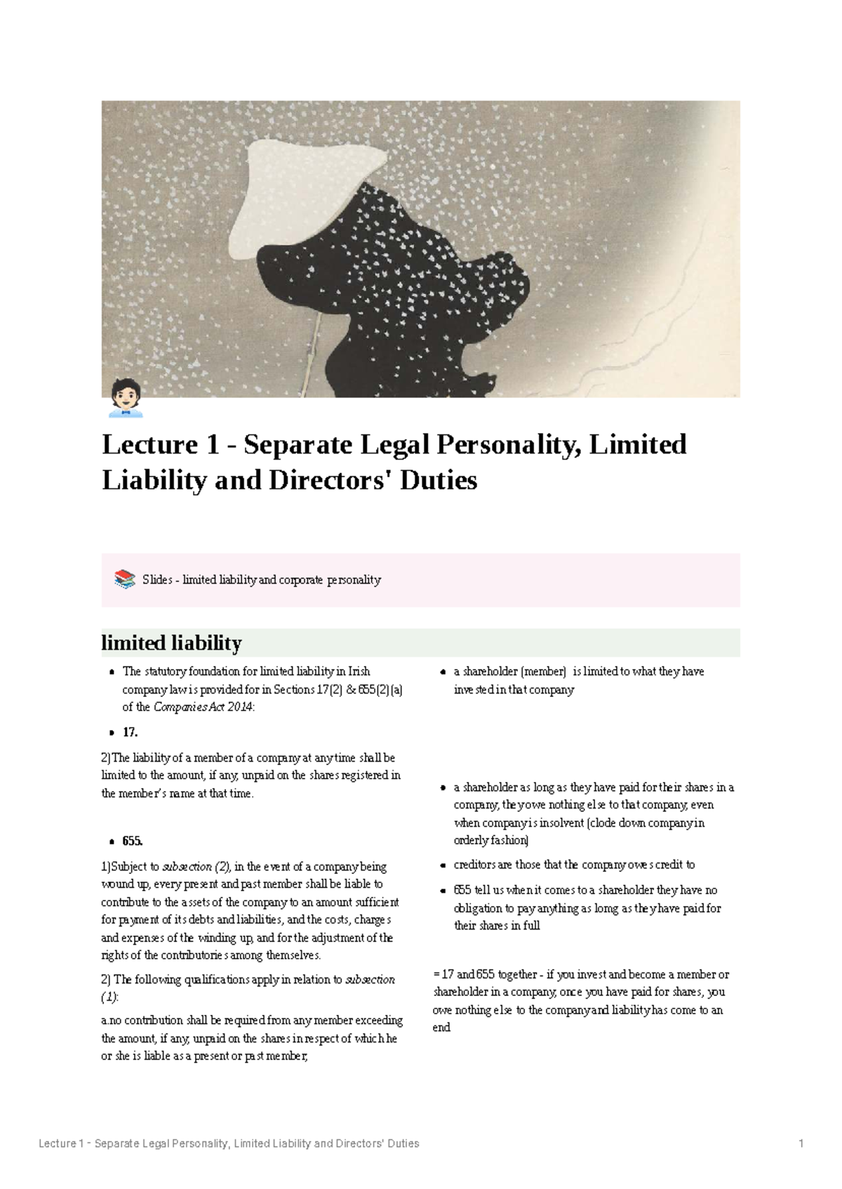Lecture 1 - Separate Legal Personality, Limited Liability & Directors ...