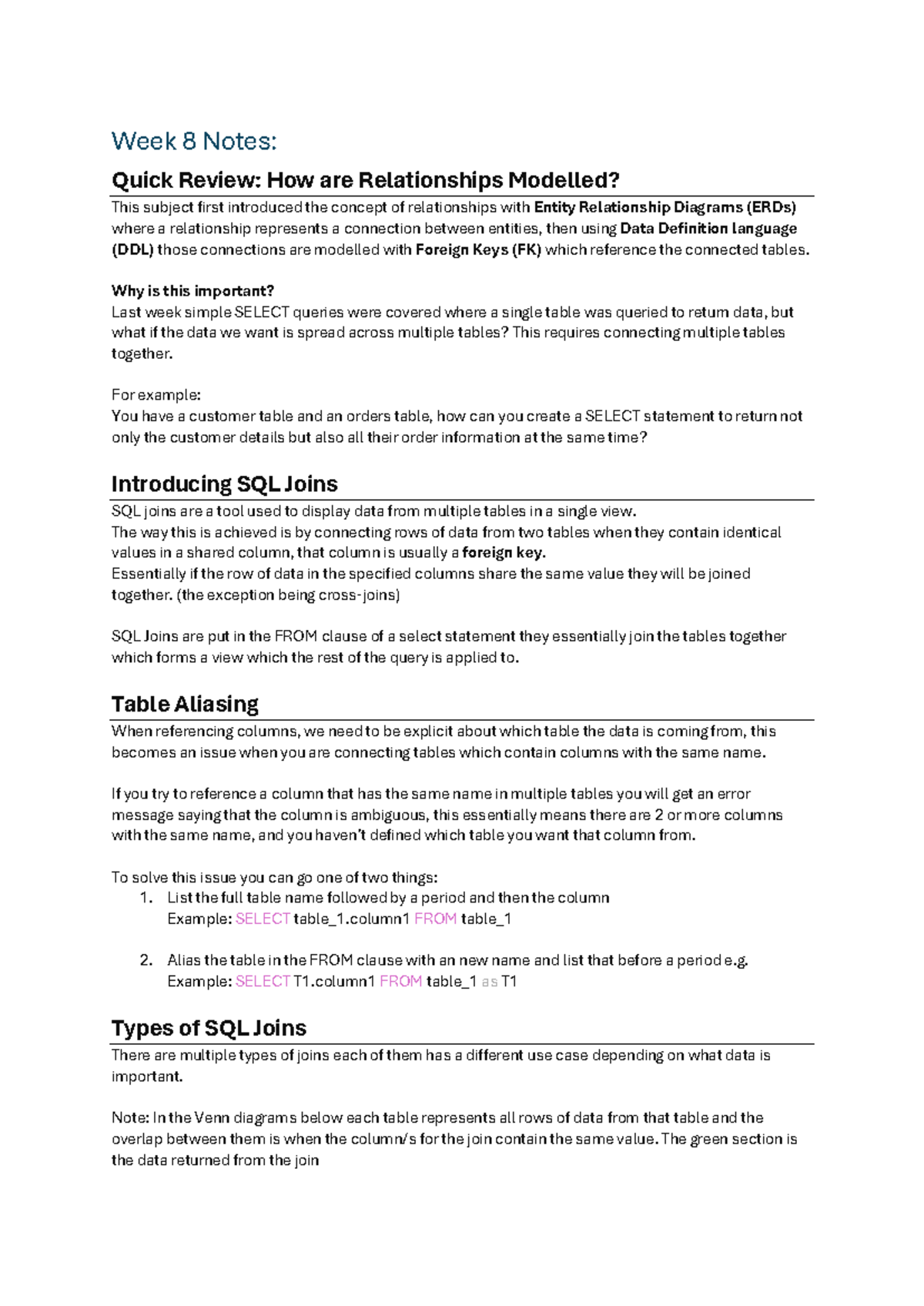 Week 8 Notes: SQL Joins and Relationship Modelling Explained - Studocu