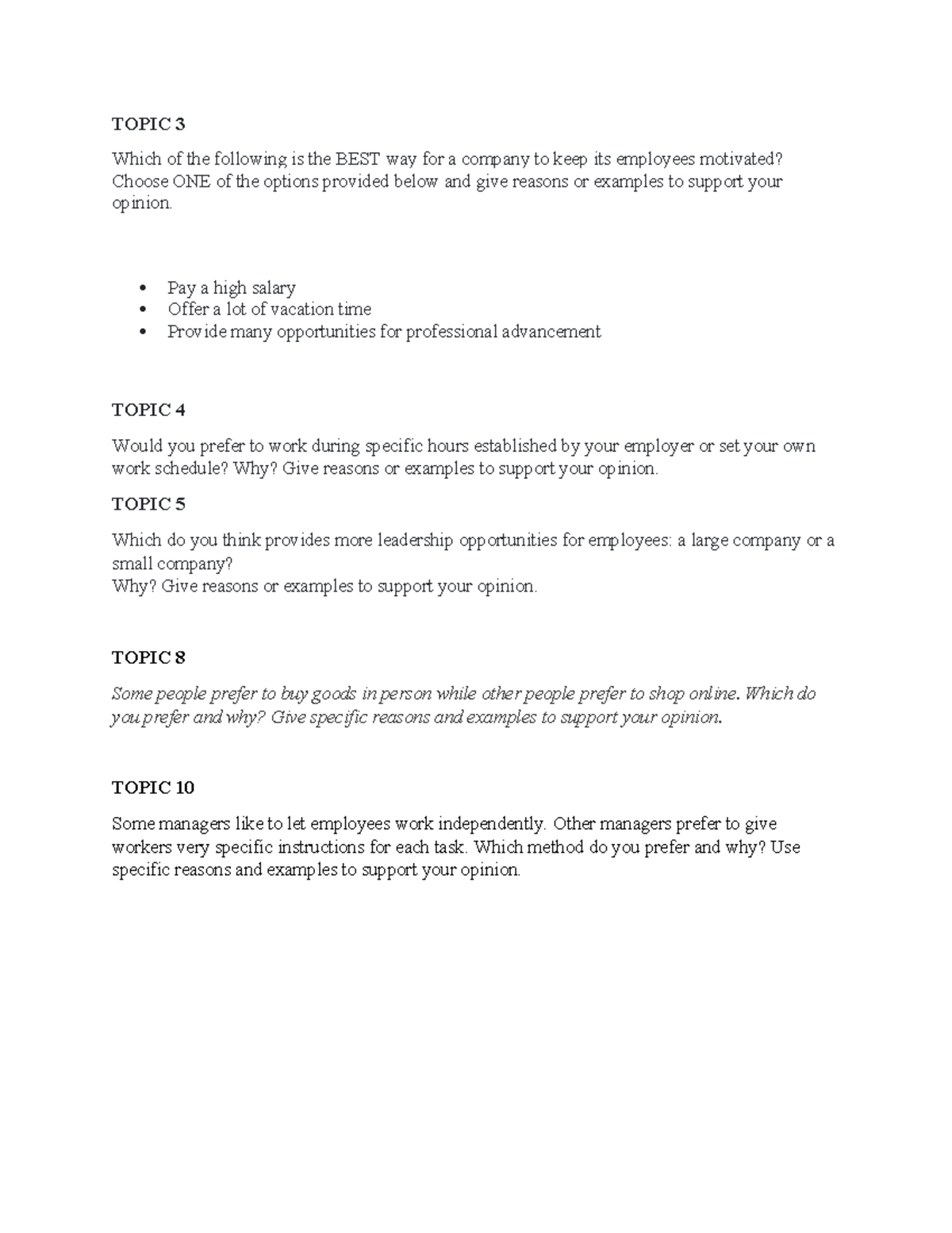 EN24 Speaking Topics Guide for Employee Motivation & Work Preferences ...