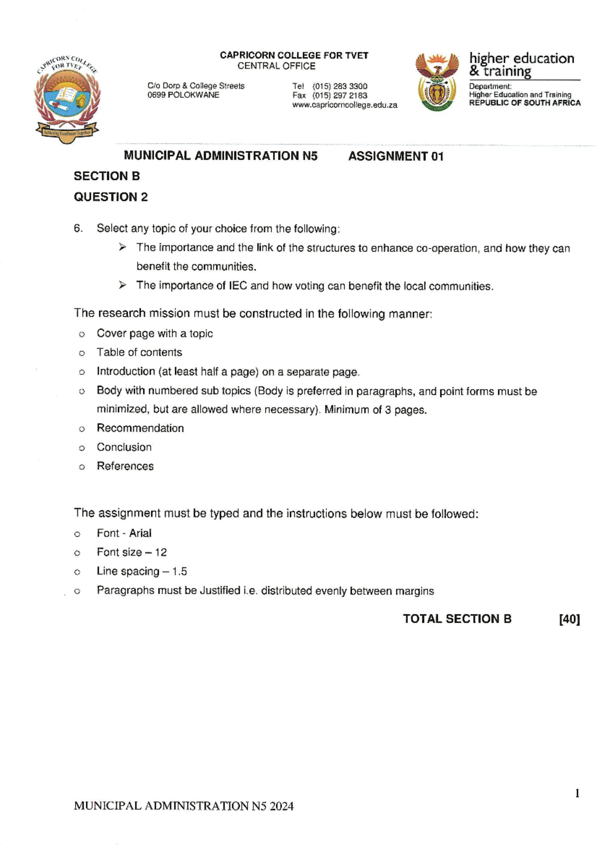 Municipal Administration N5 ASSIGNMENT 01 - Section B Guidelines - Studocu