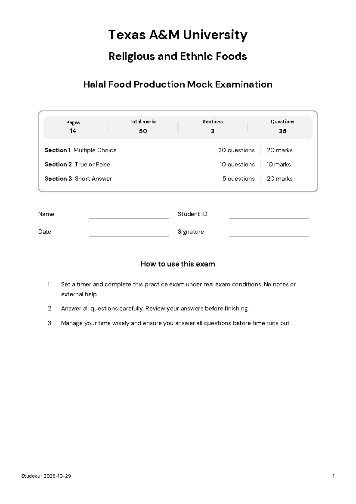 Halal Food Production Mock Examination - Texas A&M University Religious ...