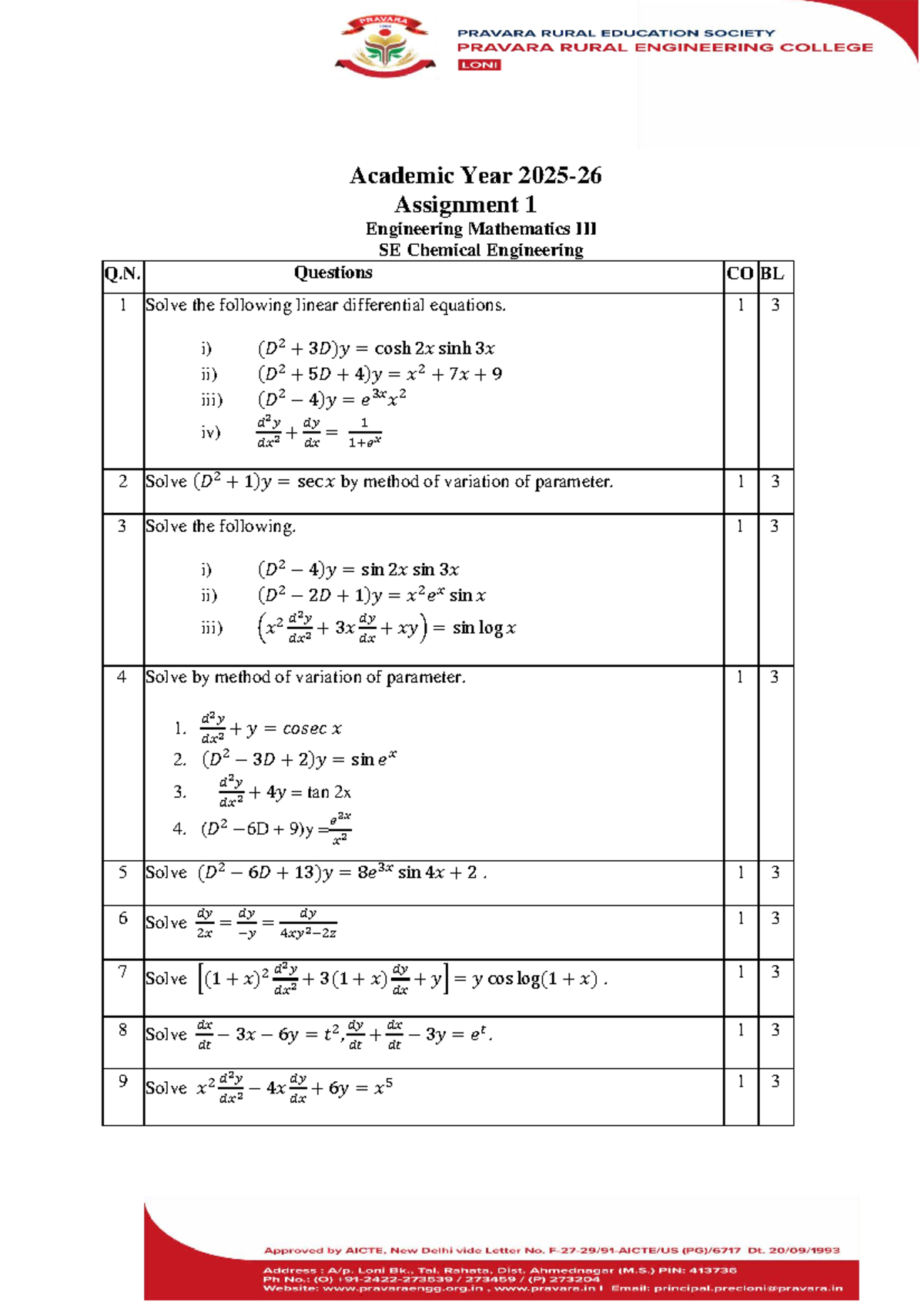 Assignment 1 EM-III: Engineering Mathematics Differential Equations ...