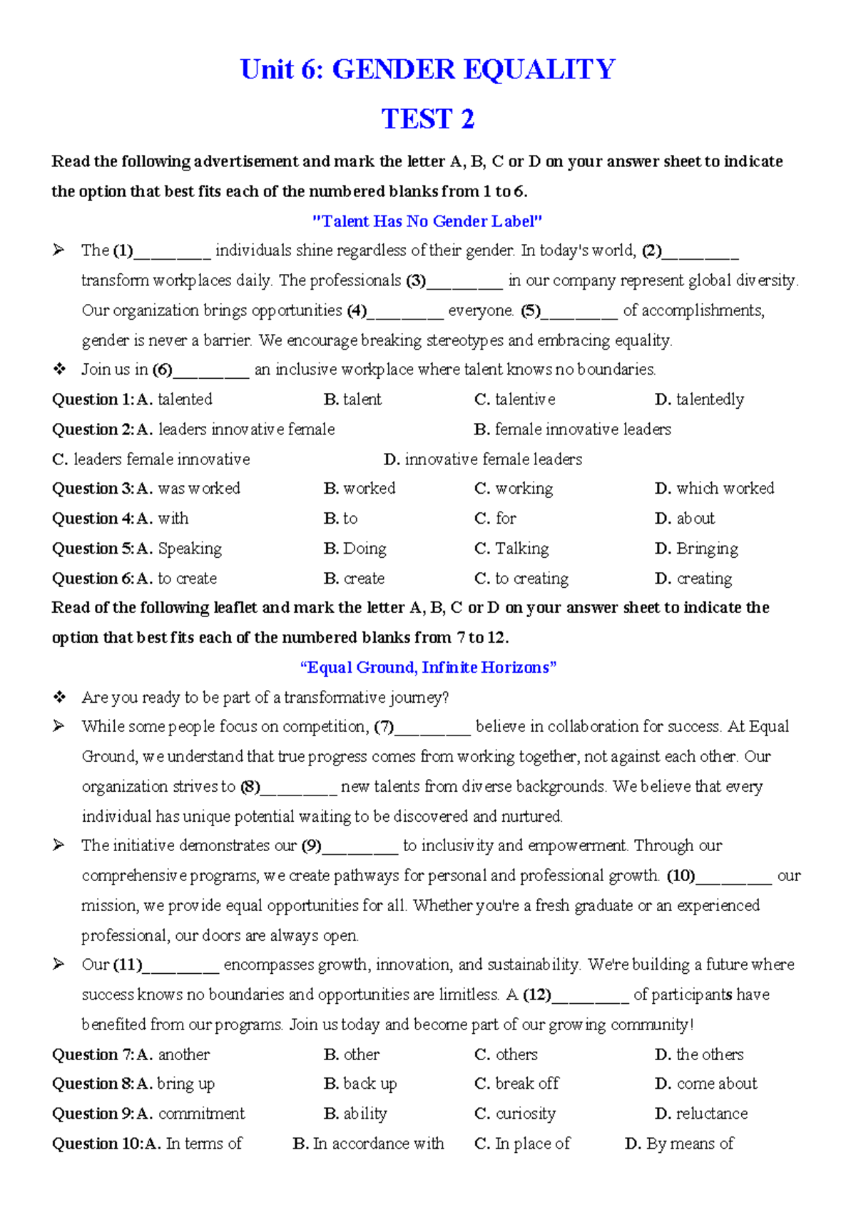 Unit 6: GENDER EQUALITY TEST 2 - In-Class Exercises - Studocu