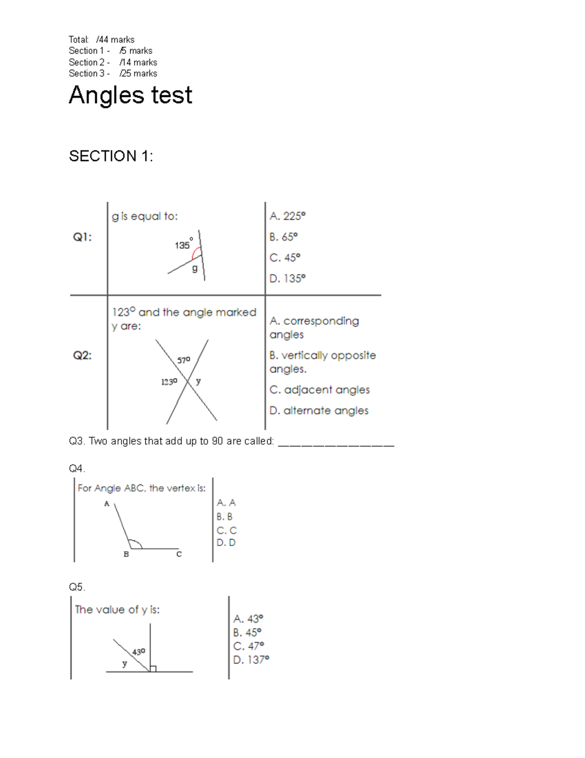 Angles Test: Comprehensive Review and Solutions - Studocu