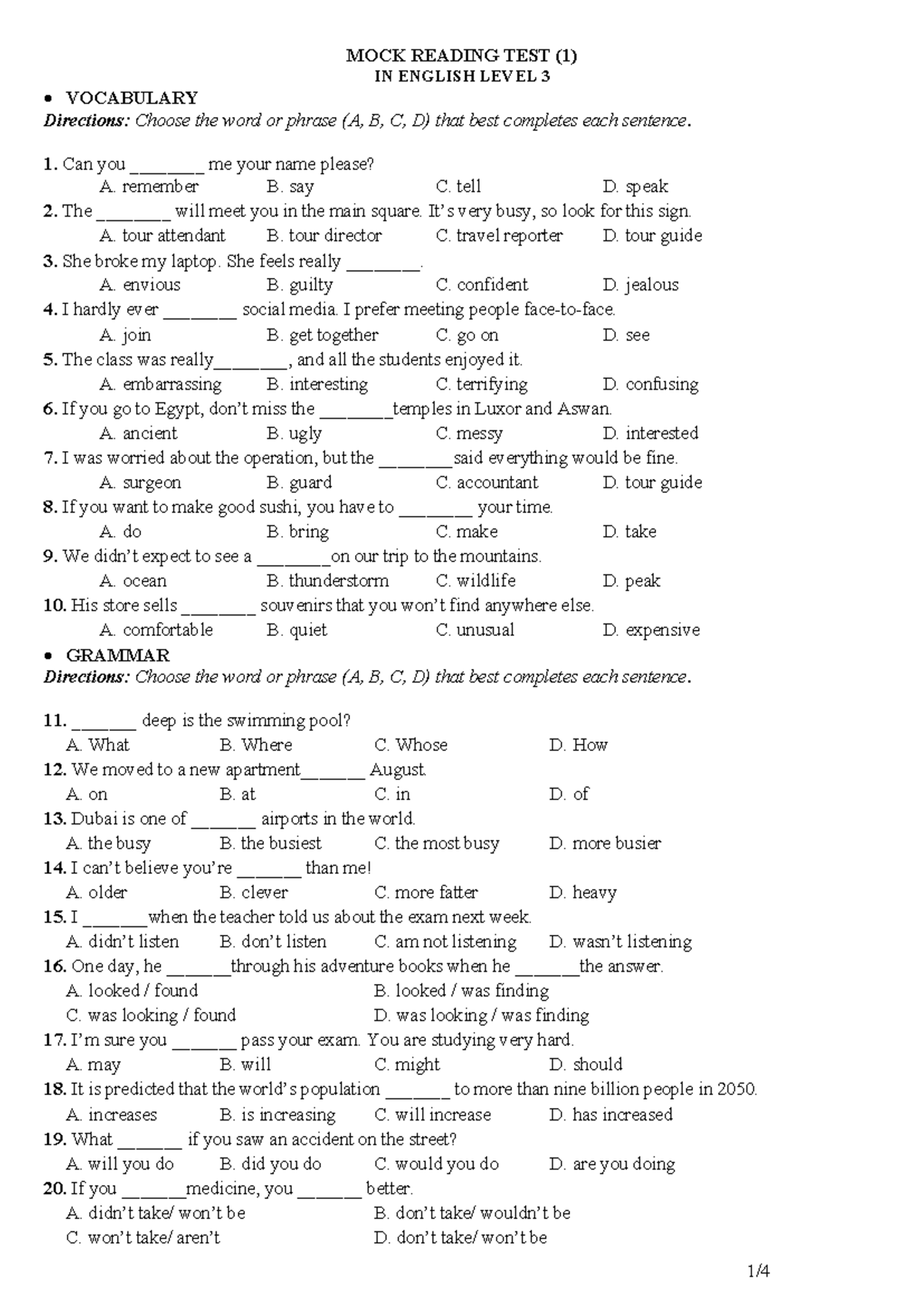 MOCK READING TEST (1) IN ENGLISH LEVEL 3 - Studocu