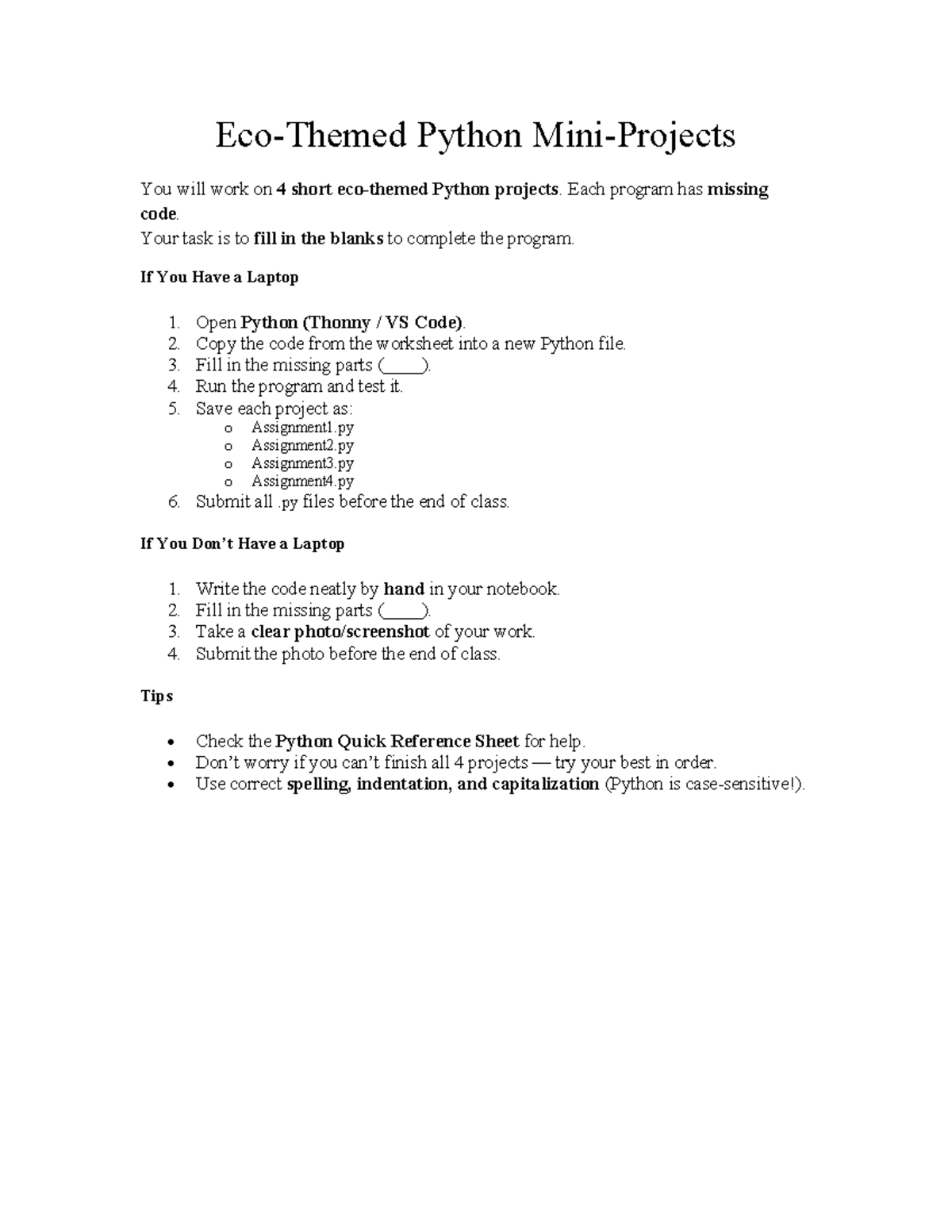 Eco Themed Python Projects: Assignment 1-4 Completion Guide - Studocu